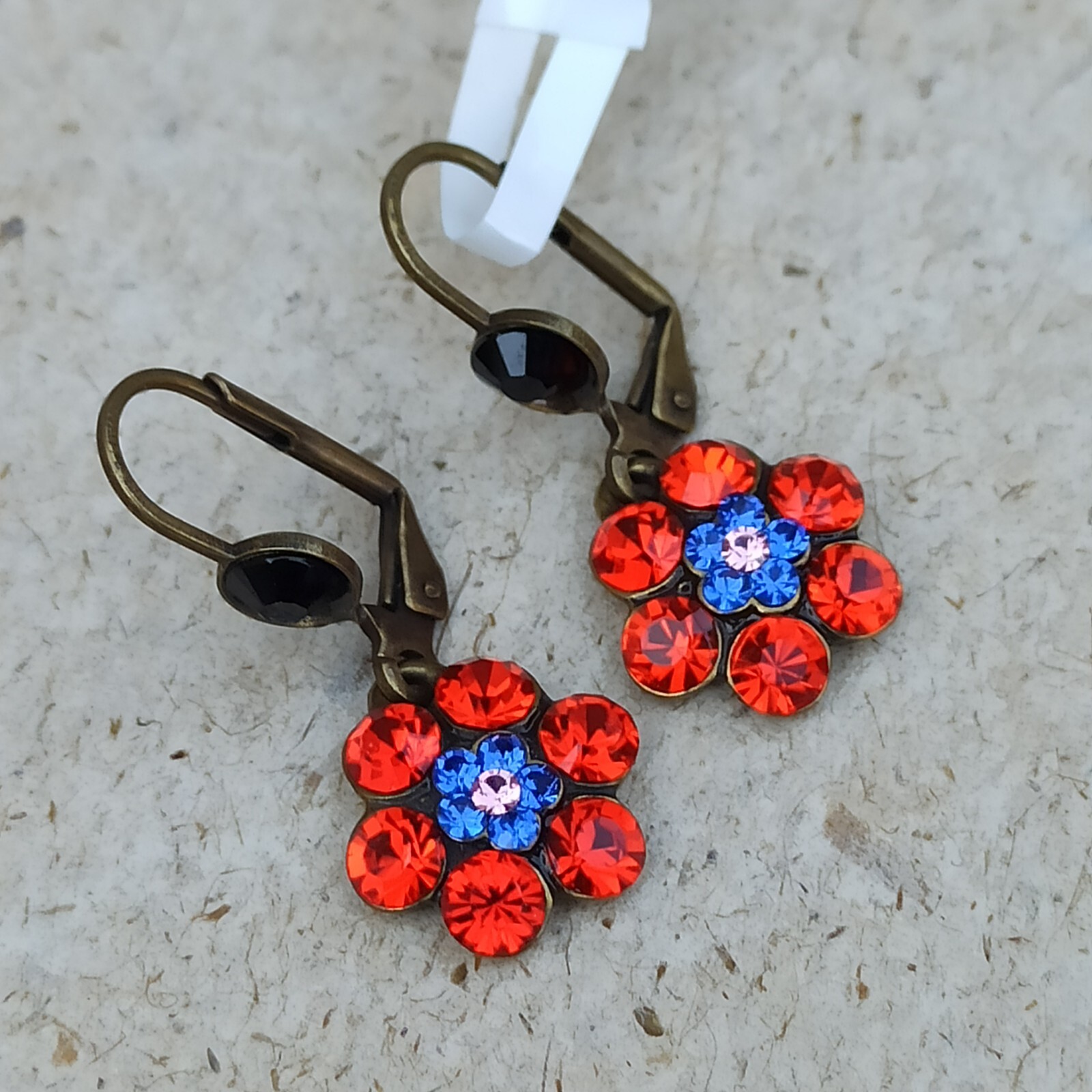 Michal Negrin Earrings Red Blue Dainty Delicate Flower With Swarovski Crystals