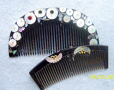 Two vintage Japanese traditional hair combs with mother of Two vintage Japanese traditional hair combs with mother of