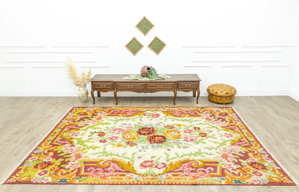 Alfombra floral vintage Boho de gran tamaño Karabakh Kilim 7,7 x 10,8 pies - mostaza y bayas Foto 3 de 4