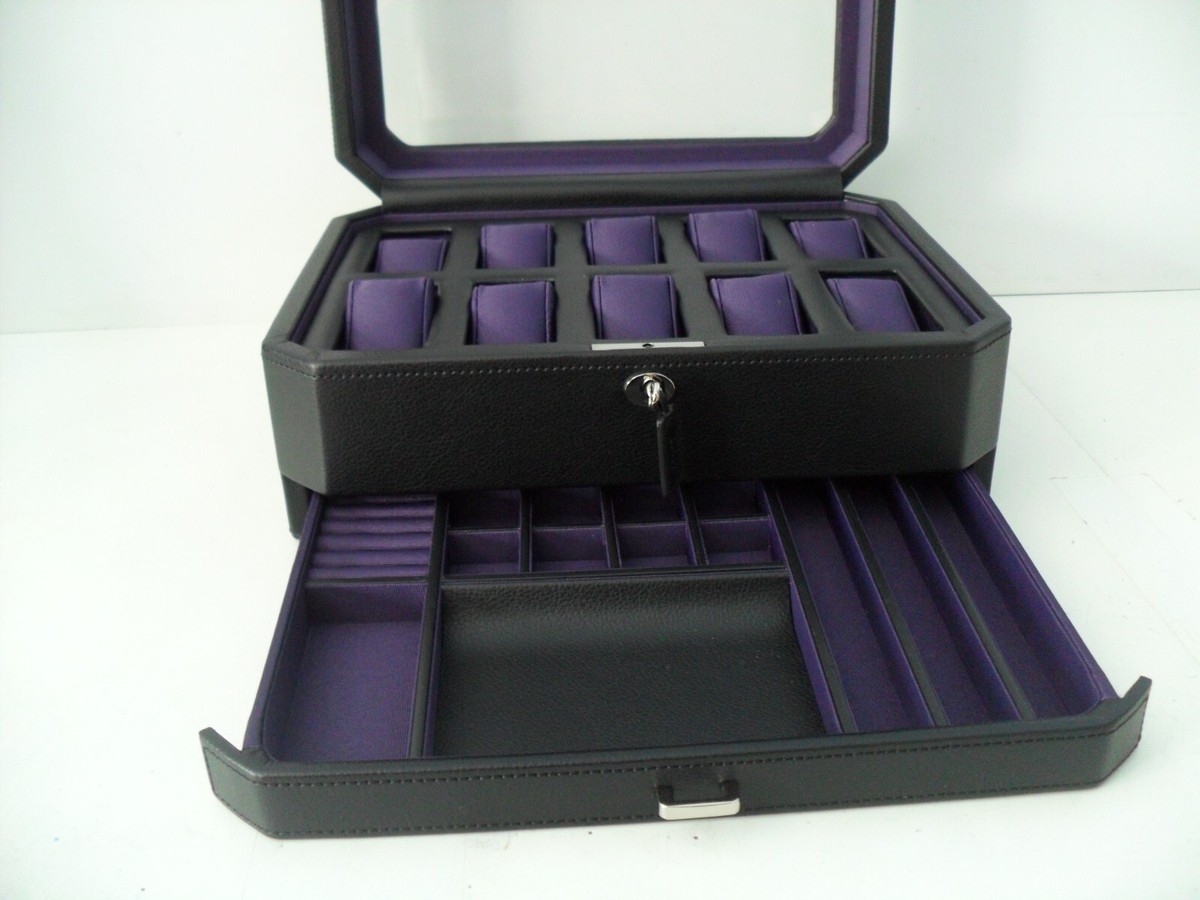 WOLF Windsor 10 Piece Watch Box with Jewelry Drawer 458603