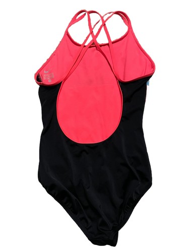 Nike Girls Color Block One Piece Swimsuit Size 16 Cross Back Black Coral Blue- A - Picture 2 of 7