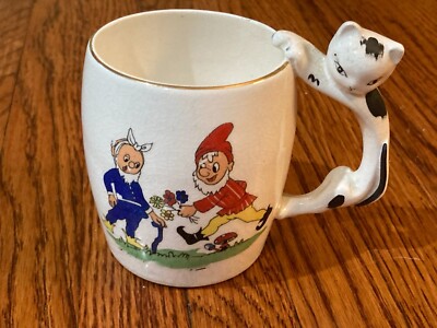 Vintage Rare mug cup gnomes cat handle japan pixies elves bone china?