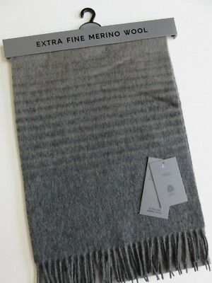 Marks Spencer mens striped scarf merino wool light mid dark grey