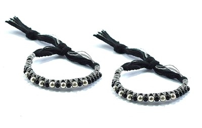 925 Pure Silver 7 Ball With Black Beads & Thread Nazariya Bracelet For Kids