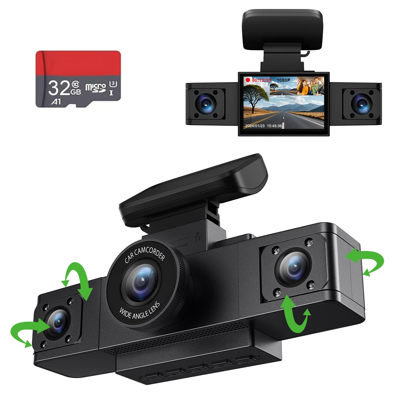 3-Channel 1080P Dash Cam with Front, Inside, Left/Right Views, Free 32GB Card