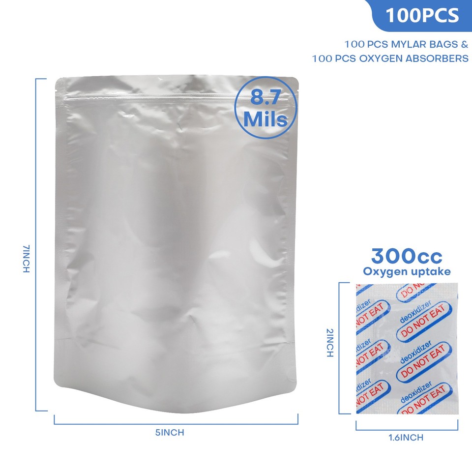 50/100 Mylar Stand-Up Food Storage Bags Resealable 9mil w/300cc Oxygen ...