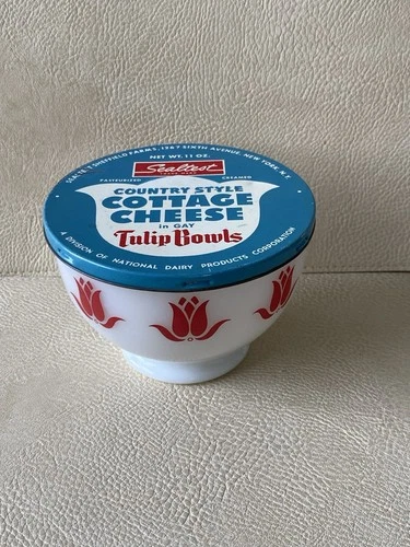 Vintage Fire King Milk Glass Cottage Cheese Bowl  Red Tulip & Orig Sealtest Lid