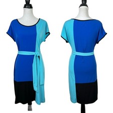Calvin Klein Medium Women Blue Colorblock Short Sleeve Belted Spandex Dress