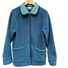 Vtg LL Bean Fleece Chore Barn Coat Womans M Blue/ Green Button Up Warm USA Made