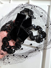 1960s Vintage VELVET BOW POLKA DOTS Ladies BLACK FASCINATOR HAT Netting HAIR ACC