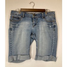 Y2K Retro Mudd Juniors 9 Blue Denim Bermuda Shorts Cuffed Embroidered Pockets