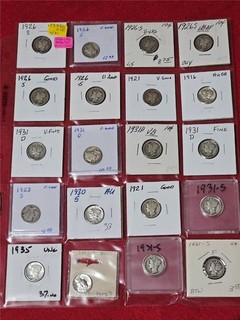 Dealer's Overstock of 20 MIXED CIRC 90% SILVER MERCURY DIMES 1916 45 #T3890