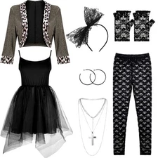 Womens 80s Costume Set Dress Jacket Headband Earrings Necklace Lace Legging G...