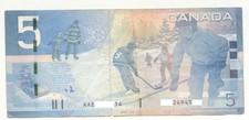 Canada 2009 HOCKEY Canadian $5 Five Dollar Bill Note AAE serialeditedout Creased