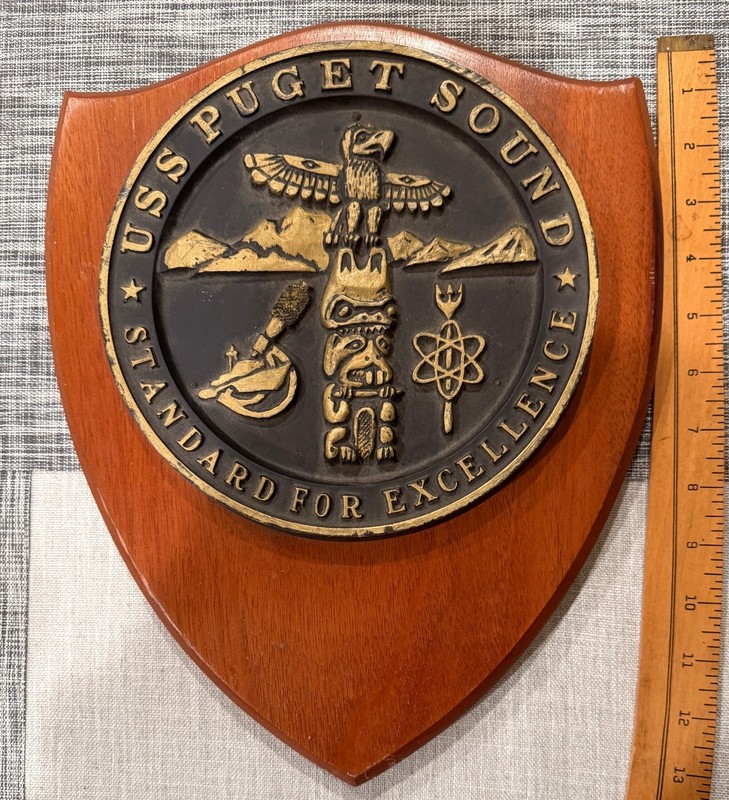 Look! Vintage-USS Puget Sound Round Brass Plaque w/Wood backboard! (SFE) WQW!