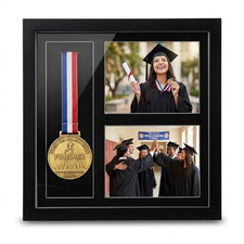 Black Solid Wood Medal Display Case - Holds 1 & 2 Photos, Ribbon