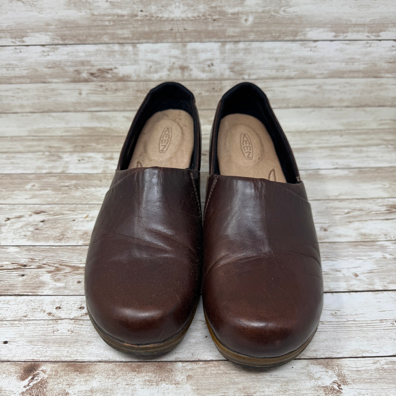 Zoccoli professionali KEEN Mora 1014009 pelle marrone slip on scarpe donna taglia 10