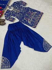 New Stylish Natural Crepe Top Dhoti With Blue Dupatta For Traditional Wear