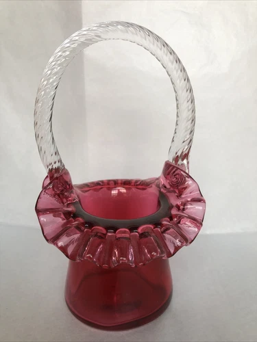 Fenton Cranberry Ruffle Basket, Clear Rope Applied Handle 6.5” X 2.5” Charming