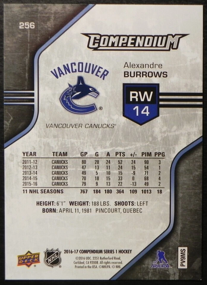 2016-17 16/17 Upper Deck Compendium BLUE #256 Alexandre Burrows Canucks - Image 2 of 2