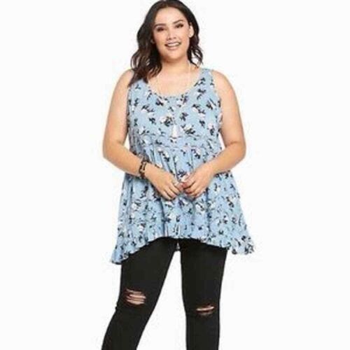 Torrid Hi-Low Tunic Size 2 Blue Floral Lace Scoop Neck Sleeveless Tank Top Shirt