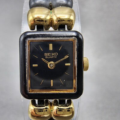 VTG Seiko Watch Women 14mm Black Dial Black Tone Rectangle 1E20