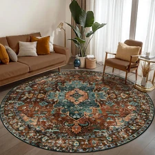 Boho Area Rug Washable 6X6Ft round Bedroom Rug Non-Slip Oriental Throw Rug Low-P