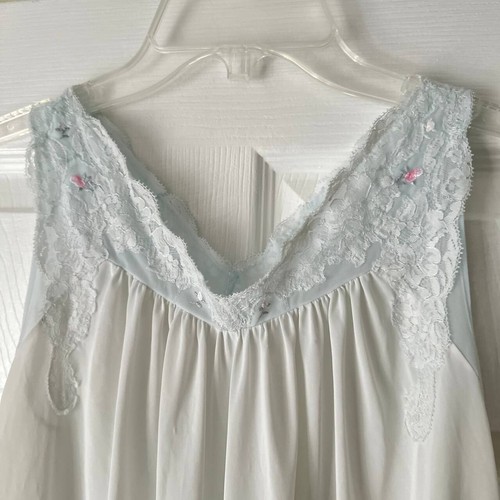 Vintage Shadowline Small White Blue Sheer Slip Dress Knee Length Lace Nightgown - Picture 5 of 10