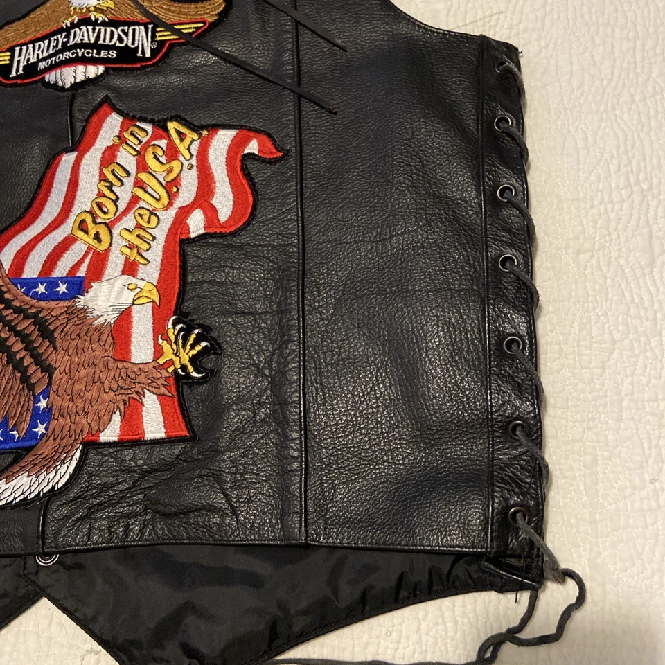 FMC Men’s Black Leather Vest Harley Davidson Born In The USA/Cicles 44 Lace Up — 第 3/4 张图片