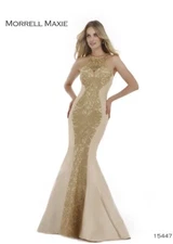Morrell Maxie 15447 Gold Lace Inlay Beaded Neck Evening Prom Gown Sz 4- $398 NWT