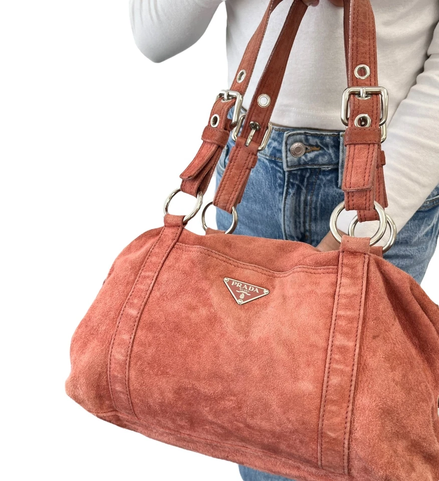 Bolso de Hombro PRADA Vintage Logo Rojo Marrón Plata Bolso de Mano Gamuza Cremallera Foto 3 de 4