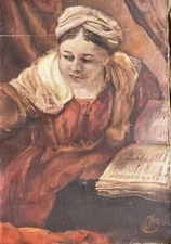 American School Painting Woman with Book Oil  Canvas Realism Folk Naïve Art