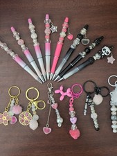 Handmade Beaded Pens  Keychains/Purse Charm   14pc Pink  Black Bling Gift Set