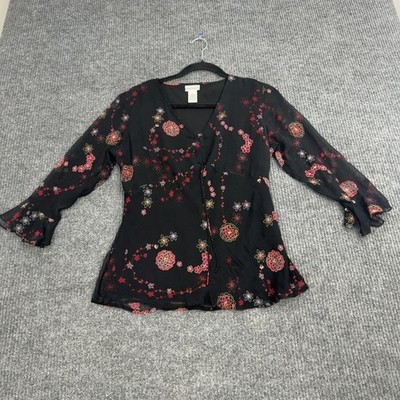 Vintage Fashion Bug Blouse Womens S Black Silk Floral Beaded Sheer Y2K Boho