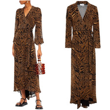 Ganni 2 Tiger Print $395 Georgette Maxi Wrap Dress Long Sleeve Midi  Brown 34