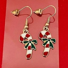 NEW Women's Cute Christmas Earrings Candy Cane Dangle Style Red Green and White