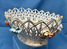 Dresden Reticulated oval bowl with appied flowers 8" footed