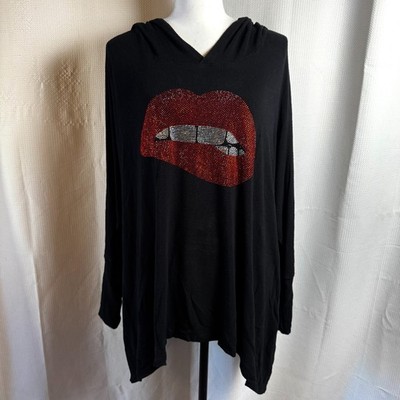 Lauren Moshi Hoodie Wms XL Black Cotton Blend Pullover Red Rhinestone Lips READ