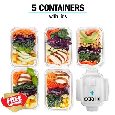Igluu 5pc Glass Meal Prep Containers Airtight Vented Lids 28oz