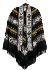Wool Poncho Cape Embroidery Ecuadorian Shawl Native Spirit Woven Fringe Artisan
