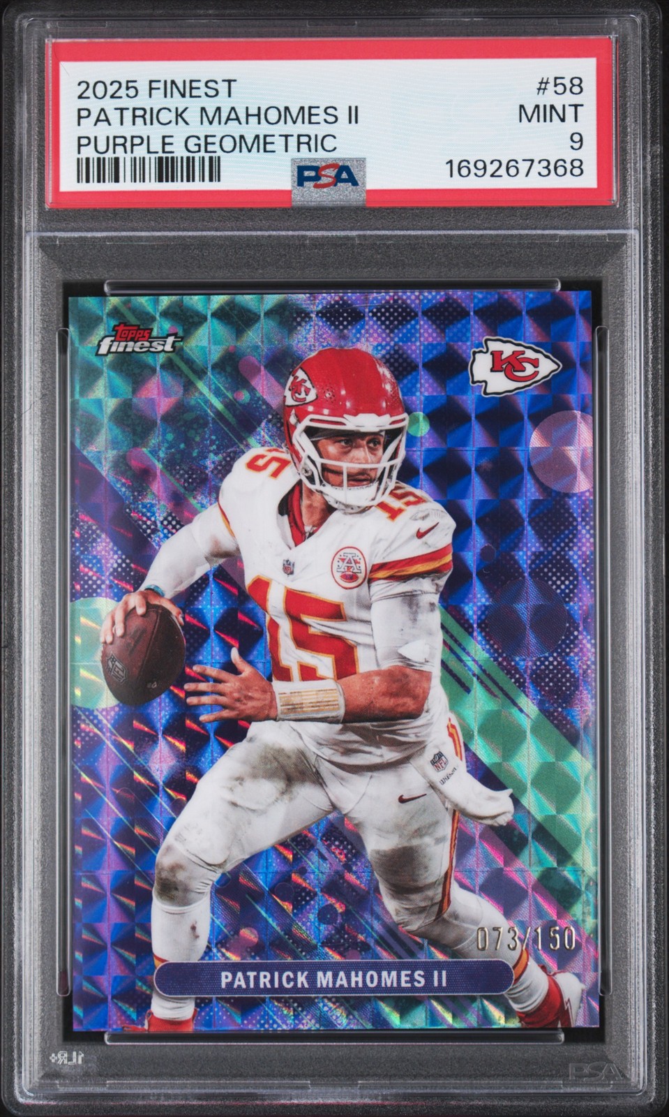 2025 TOPPS FINEST PURPLE GEOMETRIC #58 PATRICK MAHOMES II 73/150 PSA 9 view 1