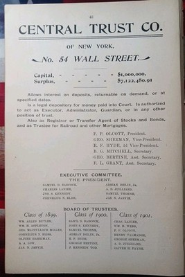 ~1898 Antike Werbung CENTRAL TRUST COMPANY Olcott Sherman Hyde Grant NYC