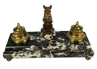 Tintero francés antiguo fino Bulldog de bronce doble tintero mármol escritorio de pie