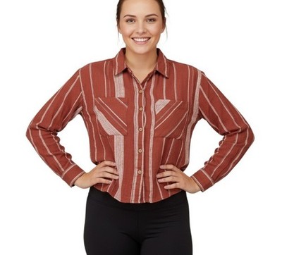 Sandy & Sid Women's Shirt SMALL Long Sleeve Rust Striped Western Hipster Cotton