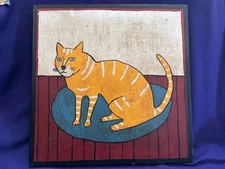 VINTAGE AMERICAN FOLKART CAT PORTRAIT PAINTING ON BOARD 18 1/4” x 18 1/4”