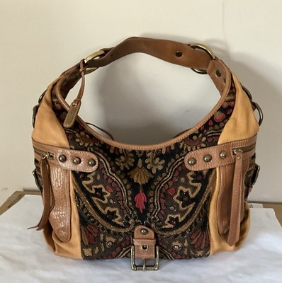 ISABELLA FIORE CUT A RUG and SET IN STONE BEADED TAPESTRY LARGE LEATHER HOBO EUC