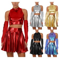 Metallic Suits For Women Clubwear Short Tops With Skirts Gloves For Rave Party