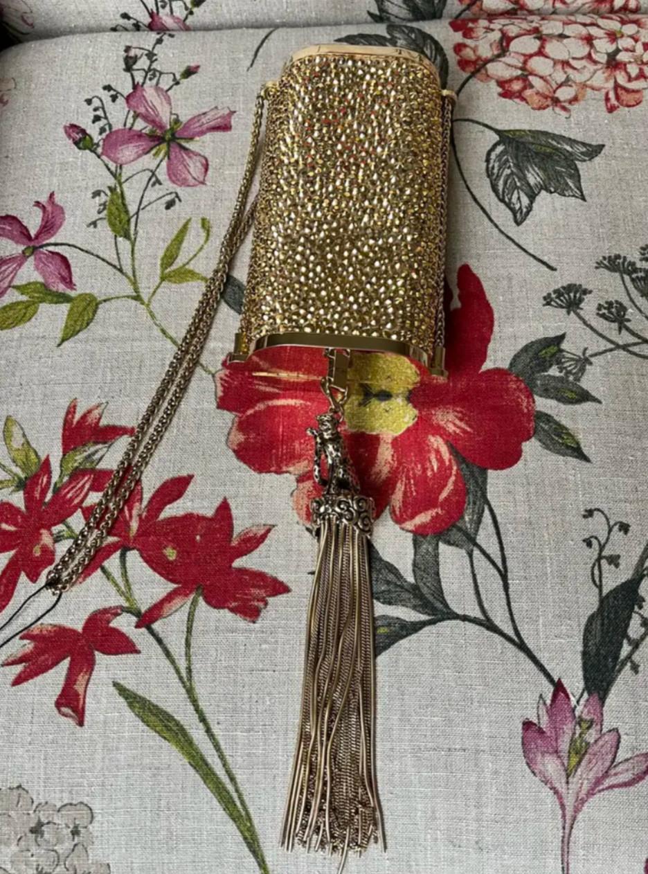 Exotic Roberto Cavalli Gold Sequin Cheetah Clutch on Chain with Leopard Interior image 4