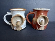 2 Wagner Stoneware Mugs Funny Face Scuba Diver VTG