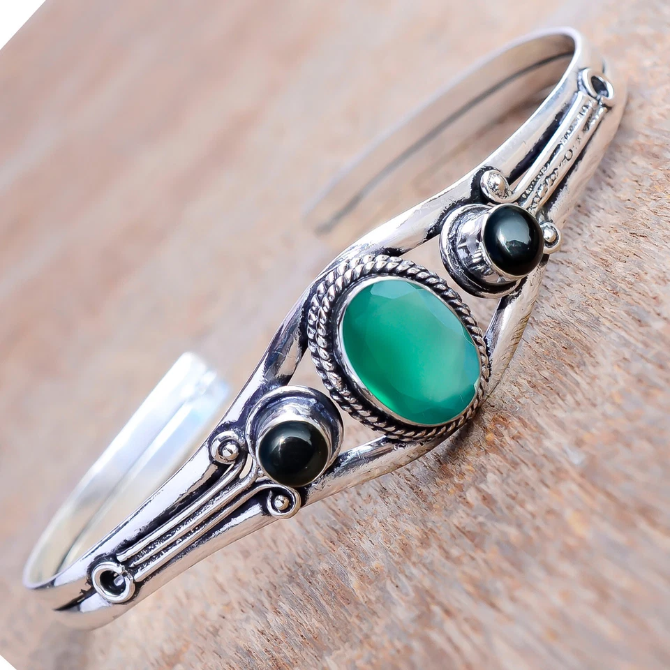 Браслет-манжета из стерлингового серебра 925 пробы с зеленым ониксом и черным ониксом для ее подарка - Изображение 2 из 4